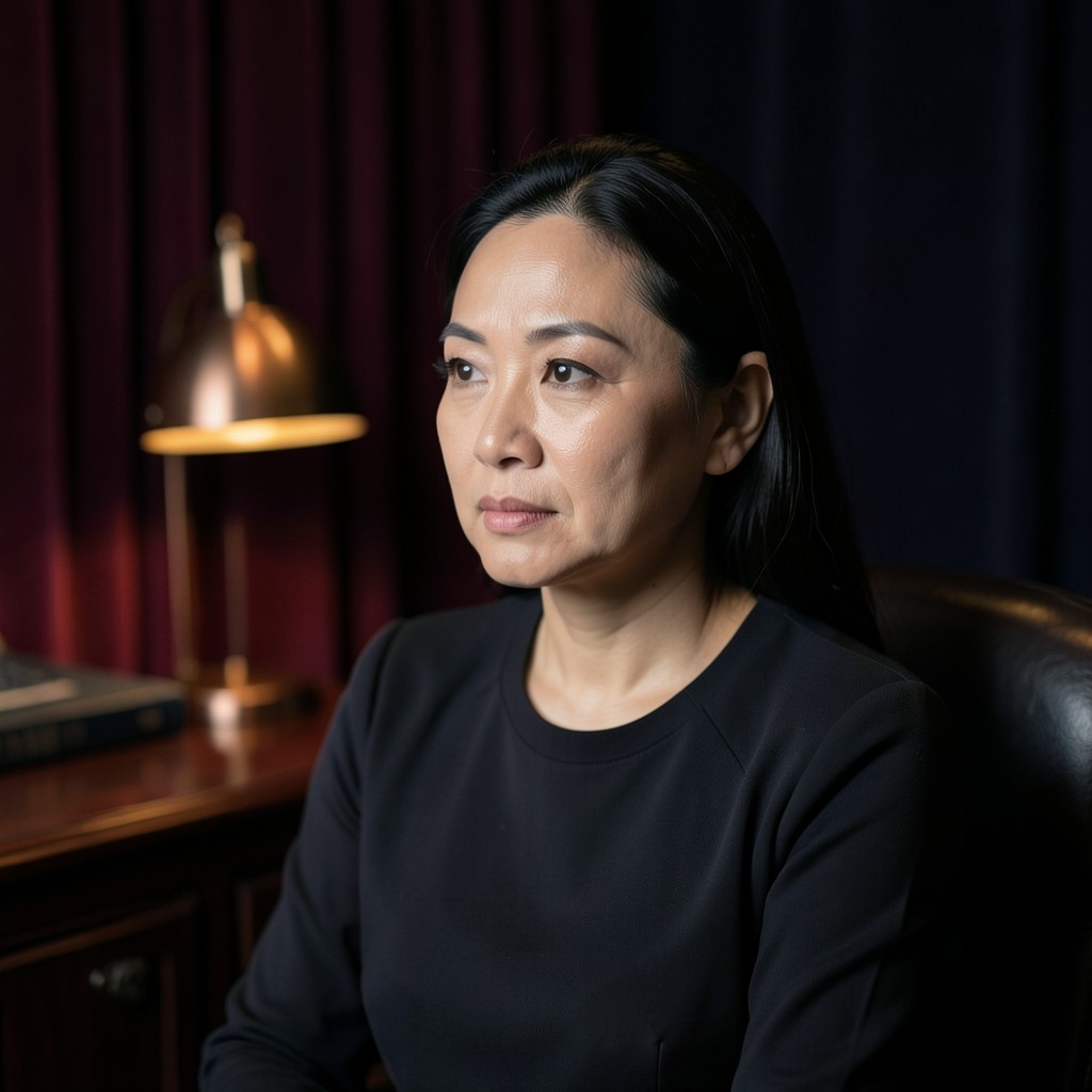 Wanita Lateh seated in the dim Bacho office, copper lamp light on one side of her face.