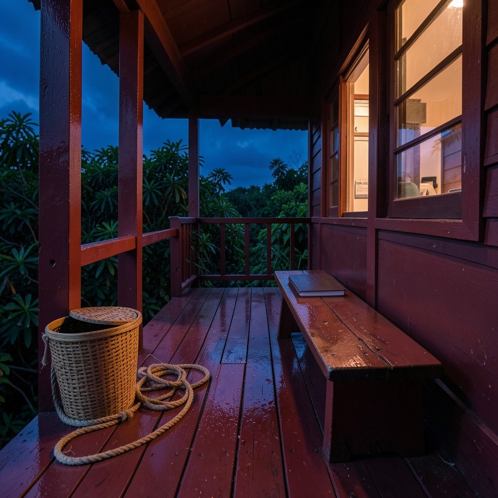 A modest wooden house veranda after light rain, with a covered bucket and a closed notebook on a bench.