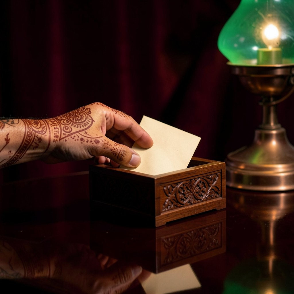 An adult hand placing a plain kraft envelope into a small wooden box on a lacquered desk.