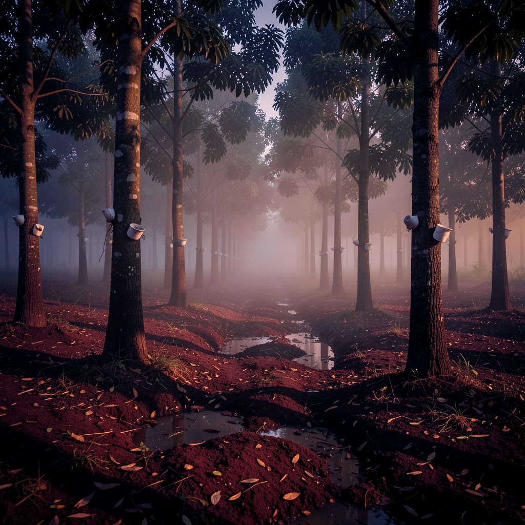 A southern Thai rubber grove in early morning mist, tapping cups hanging on the trunks.
