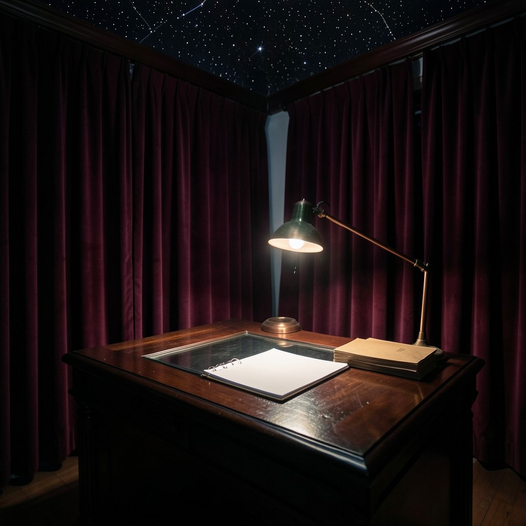 A lacquered wood desk in a dim velvet room, set with blank ledgers and a copper lamp for an evening cash-reserve conversation.