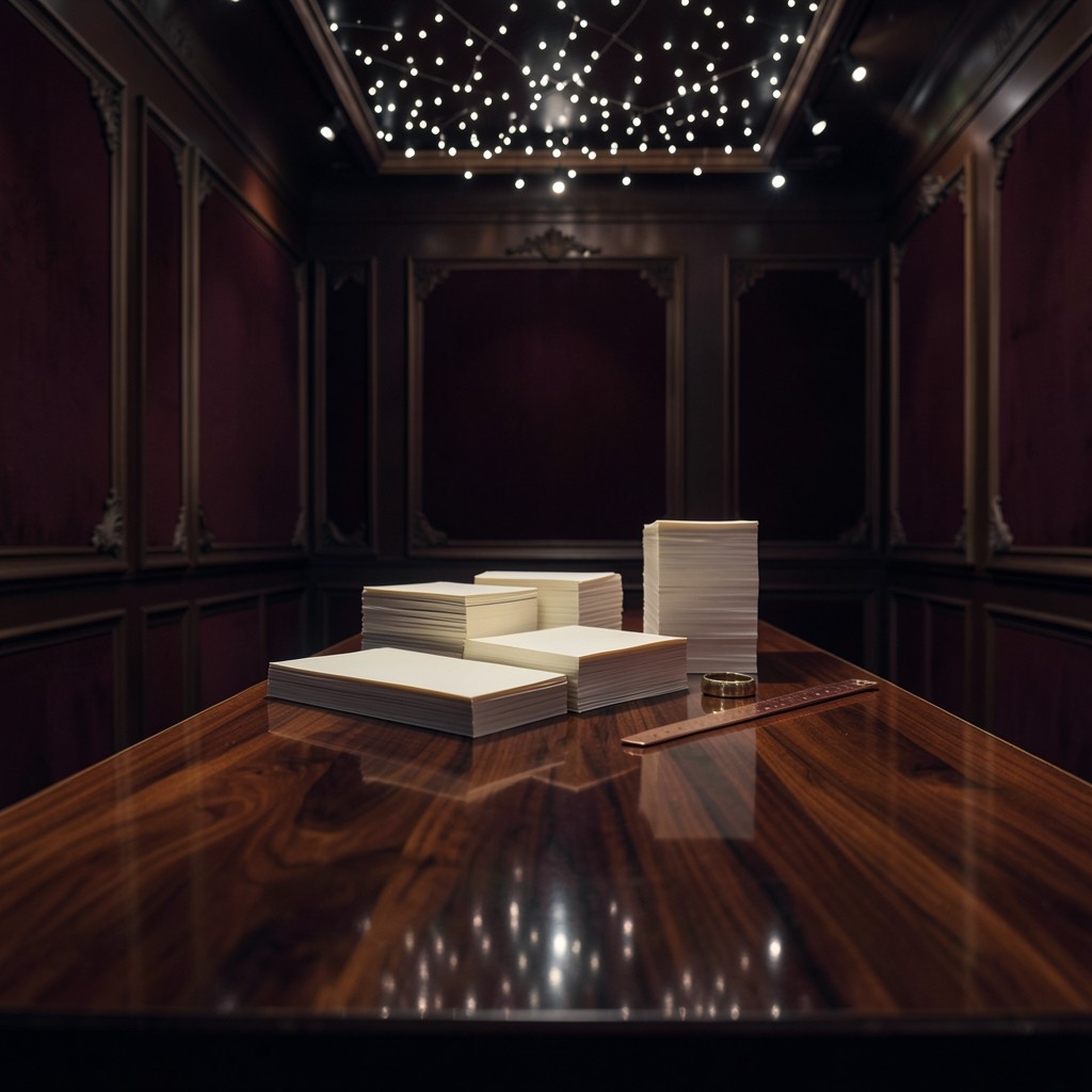 Five stacks of blank paper in a row along a long lacquered table in a velvet-dark room.