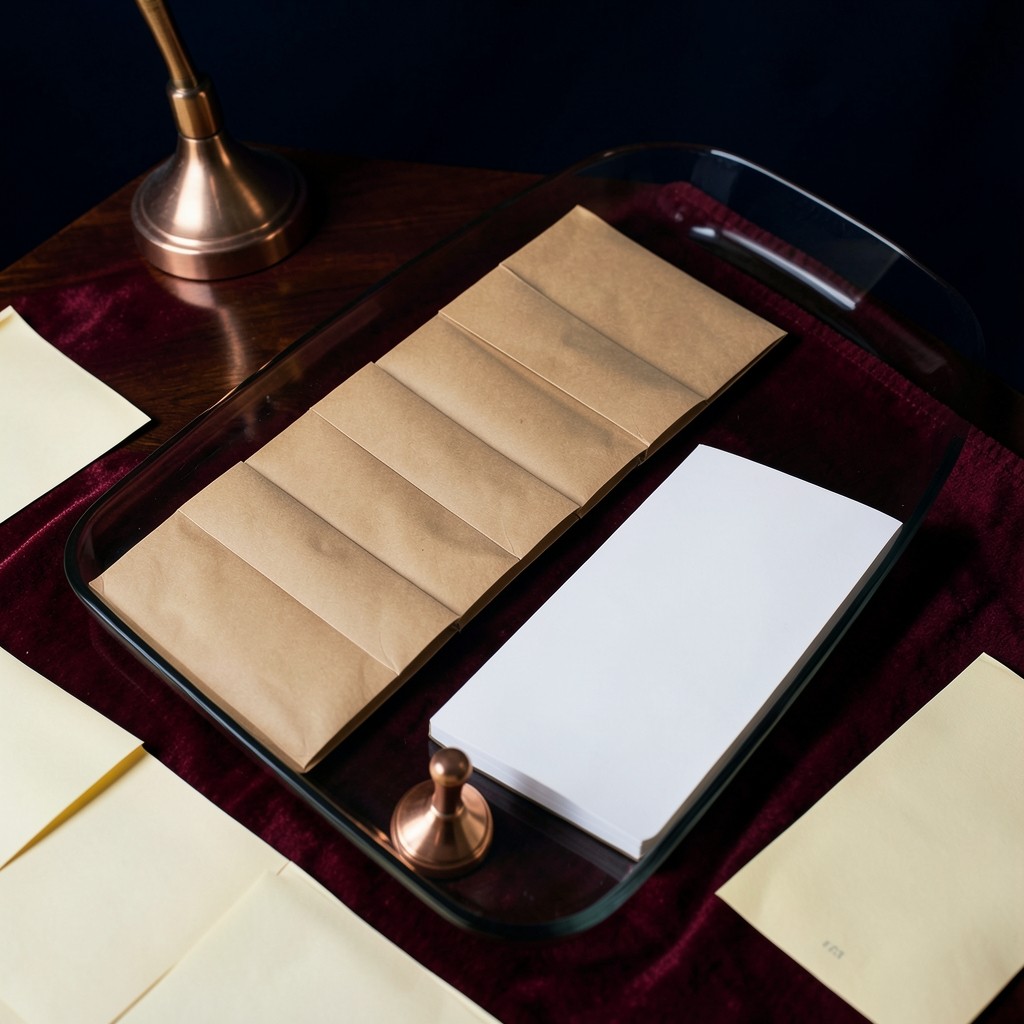 Plain kraft envelopes and a blank notebook arranged on dark wood under a copper lamp.