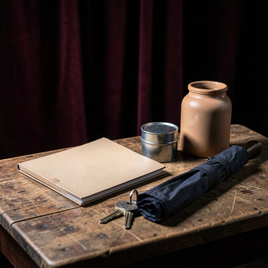 A closed folder, umbrella, keys, and a small tin on an aged wood table in a velvet-dark room.