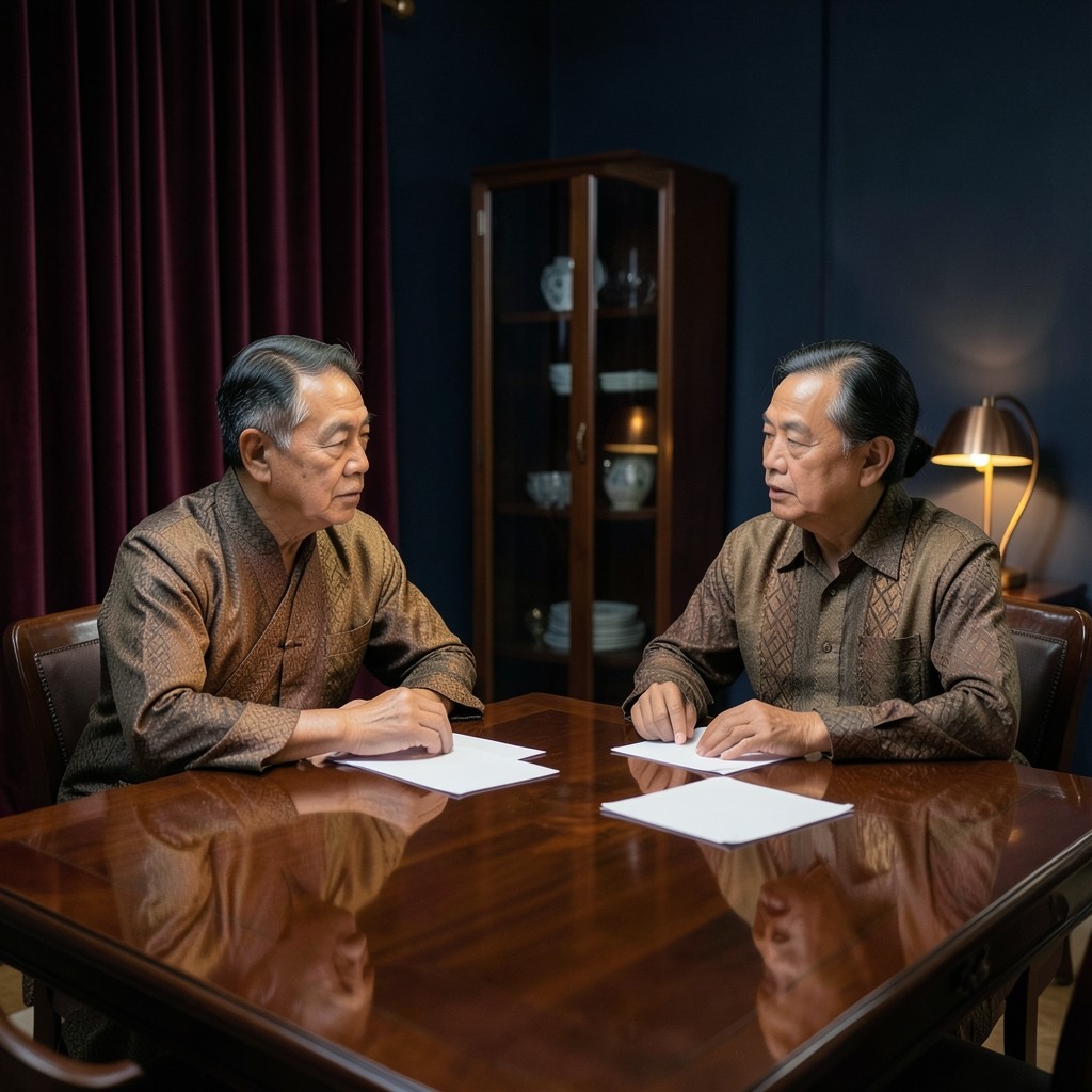 Two adults seated at a lacquered table, reviewing blank sheets during a yearly reserve visit.