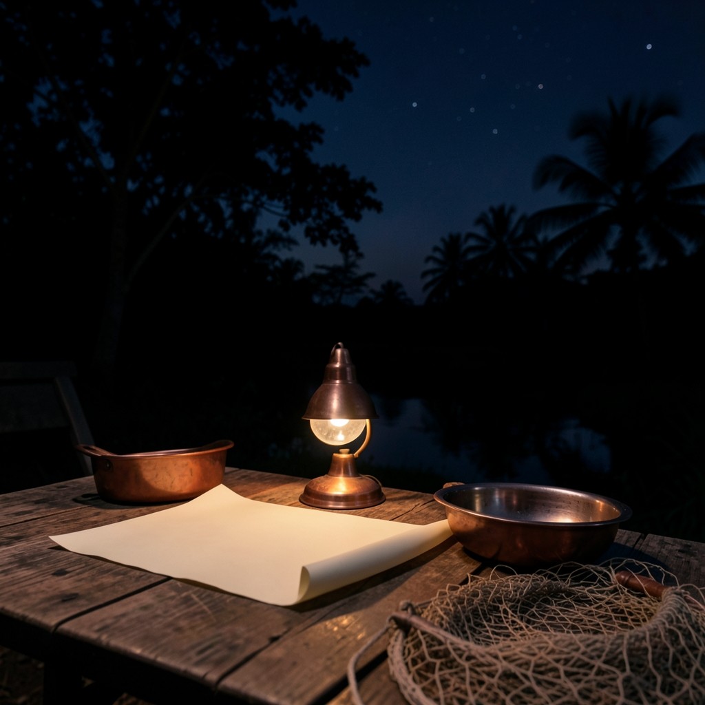 A rubber tapping bowl and a coiled fishing net beside a lamp-lit wooden table at dusk.